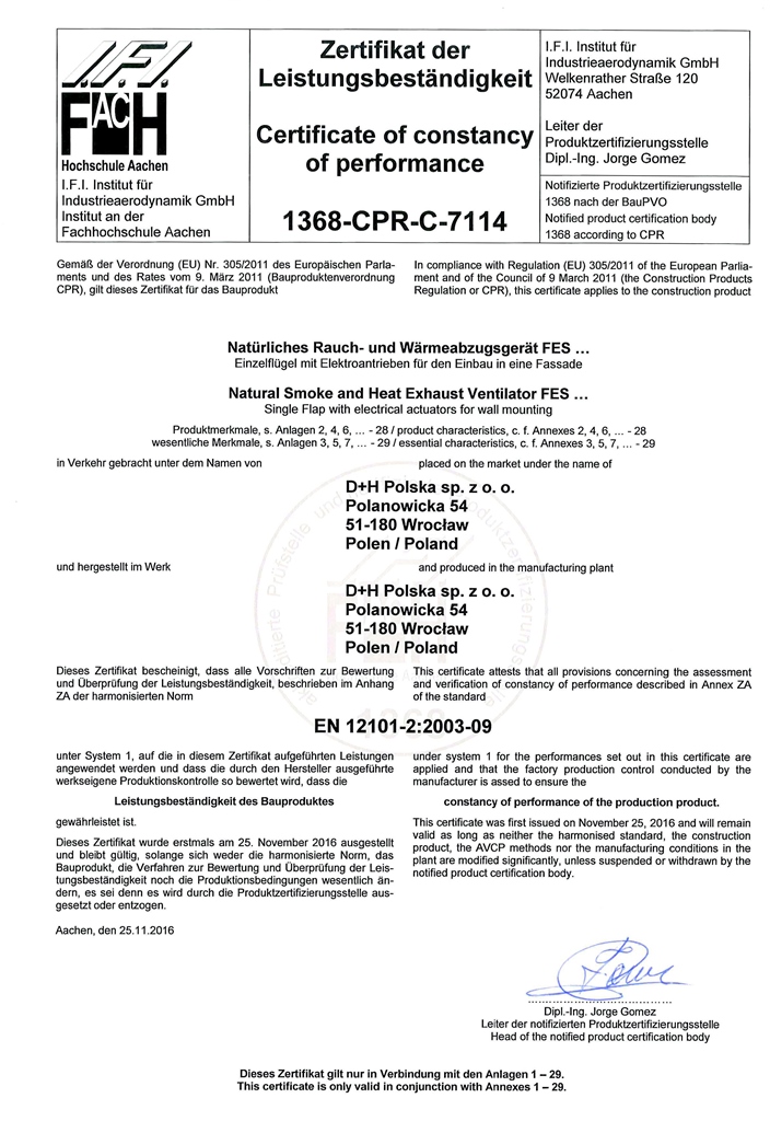 certyfikat IFI - Heat Exhaust Ventilator FES
